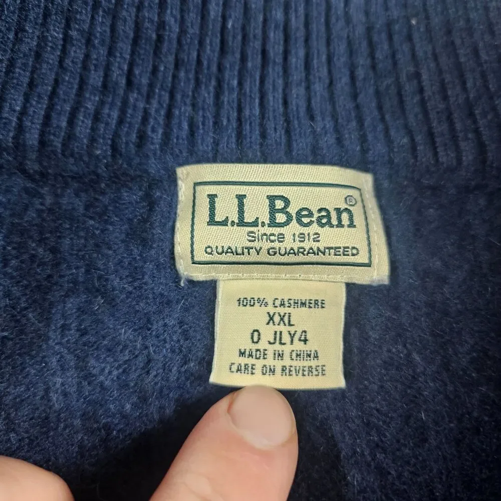 LL Bean Sweater Mens 2XL Blue 100% Cashmere Cable Knit 1/4 Zip Pullover Soft